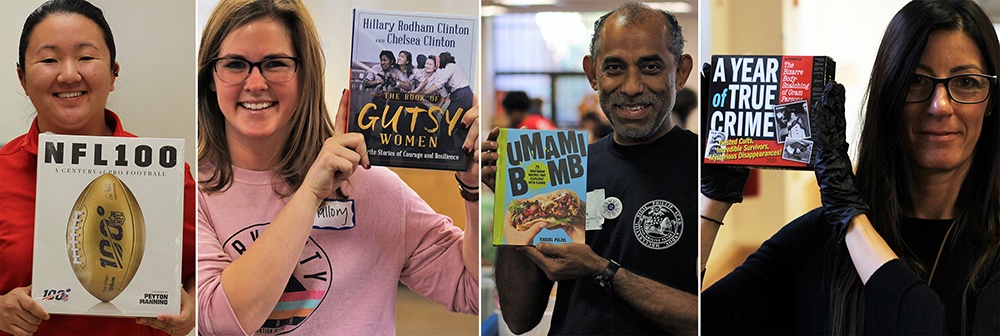 A collage of people holding up books, including the NFL 100 coffee table book and Gutsy Women by Hillary and Chelsea Clinton