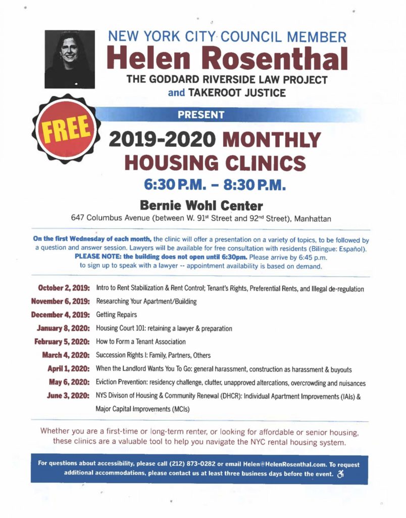 Flyer for Helen Rosenthal about monthly housing clinics.
