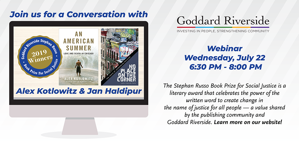 Graphic design of a computer monitor with images of the books An Amercan Summer and No Place on the Corner, along with the date and time of the Goddard Riverside Book Prize Chat. All information is reproduced in text on this page.