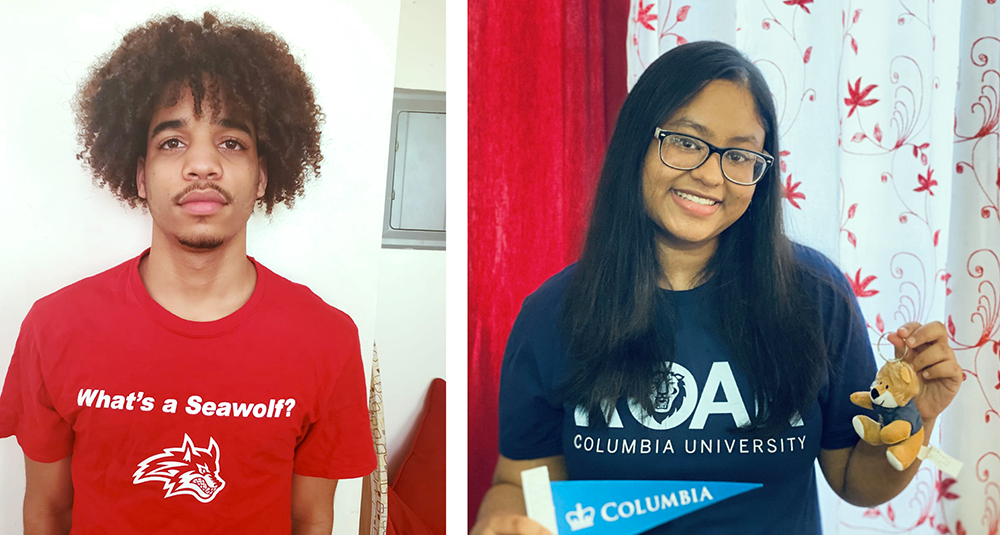 Options Scholars Antonio Cortorreal and Lamiya Rahman wearing the t-shirts of their respective colleges