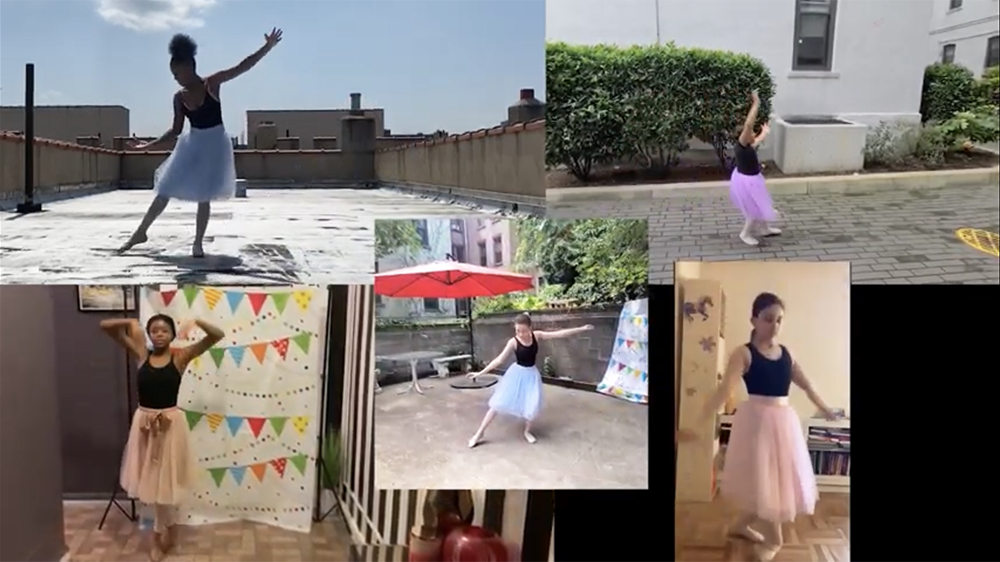A screenshot of the Performing Arts Conservatory video showing a collage of students doing ballet on a rooftop, in a courtyard, and in their apartments