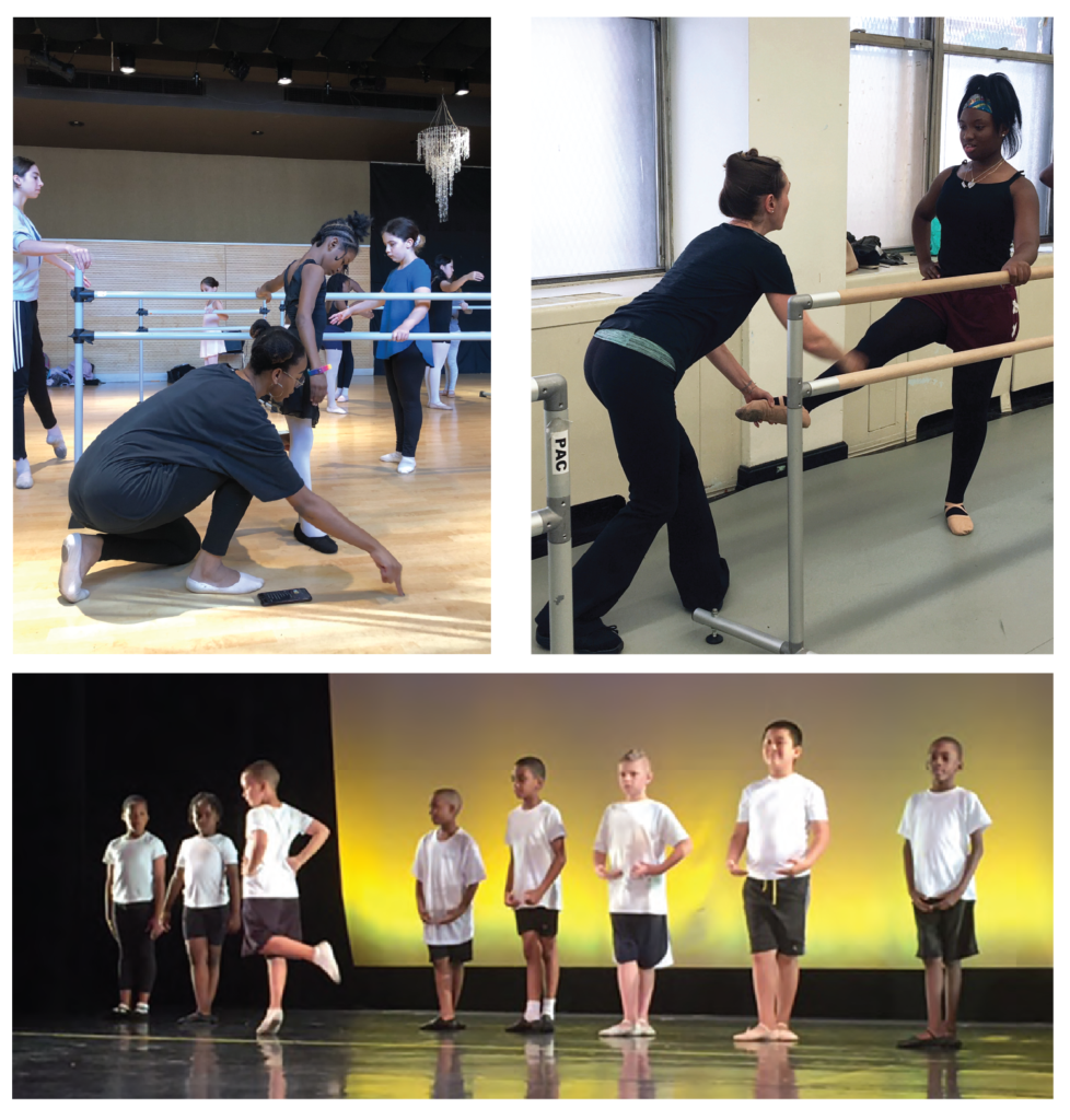 A collage with one image showings a room fill with children and a teacher at a ballet bar. Another image of a teacher helping a student at a ballet bar and a group image of young boys standing in a line on stage for a ballet performance