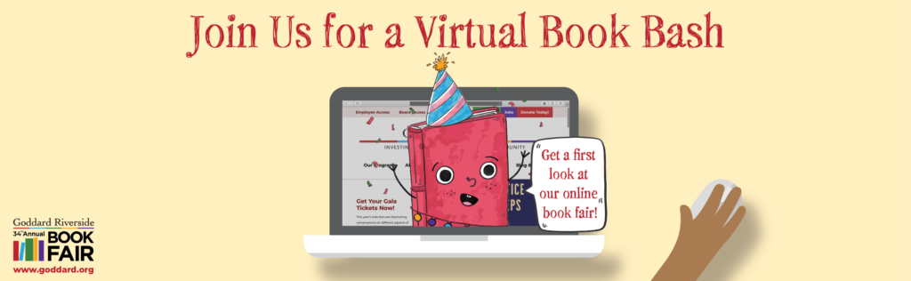 Banner graphic with a drawing of a book saying "Get a first look at our online book fair!" and the headline Join Us for a Virtual Book Bash