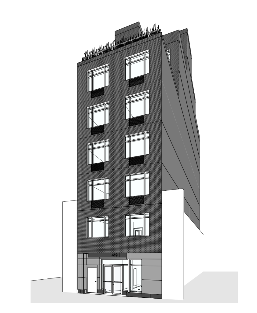 A sketch of the future 419 East 91st Street showing a seven-story building with two columns of windows