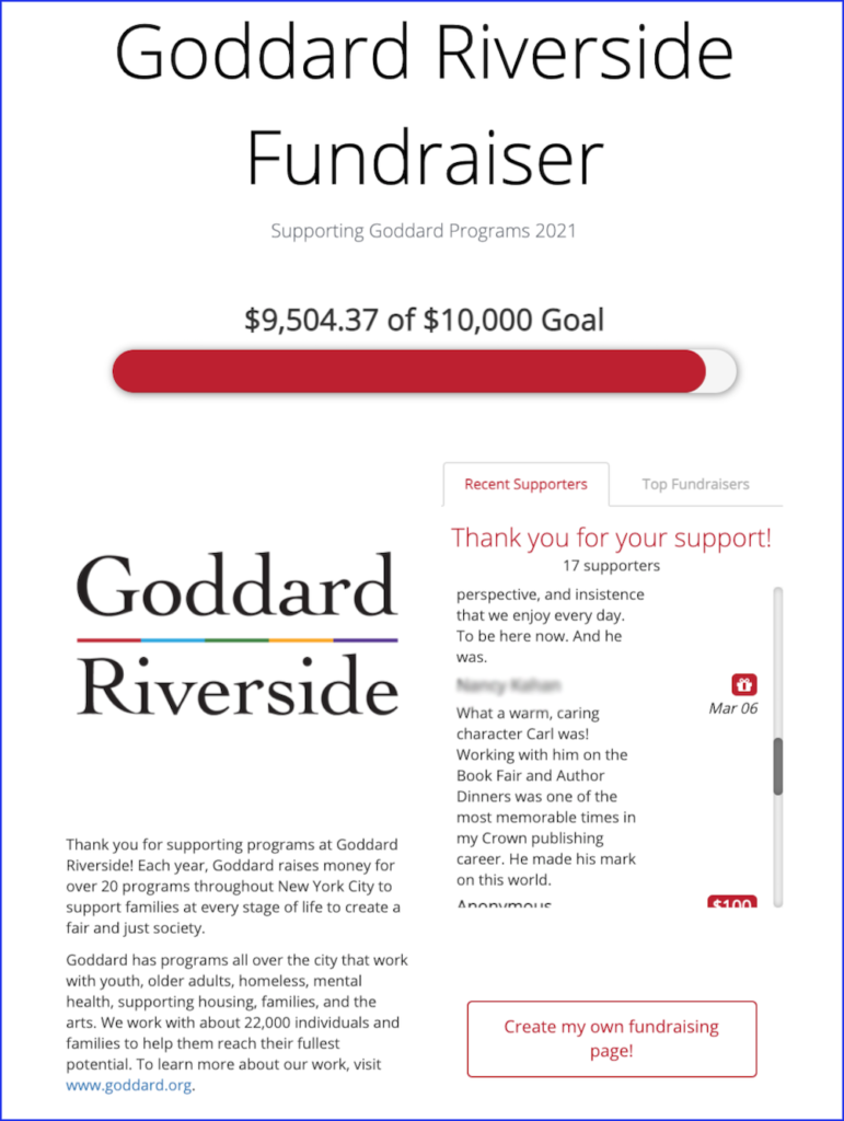 Image of the crowdfunding homepage with the total raised by all our crowdfunders, a scroll of donors' comments, and on the bottom right, the button to launch your own fundraiser. 