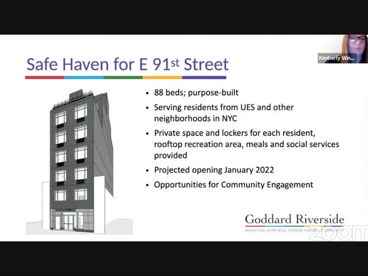 Screenshot of a slide presented to the community board with a photo of the architectural drawing of the Safe Haven along with facts about the project