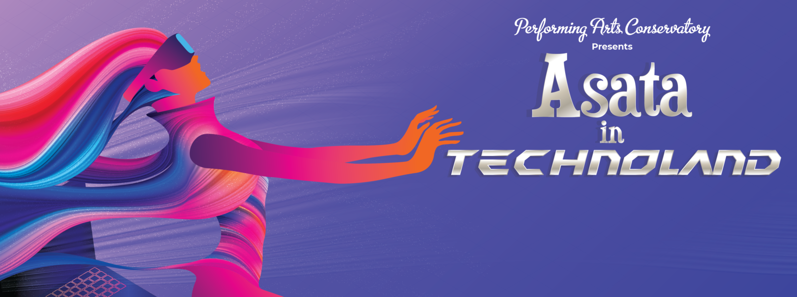 An abstract profile of a woman in deep pinks and oranges against a purple background, wearing sunglesses and holding up her arms as if riding a motorcycle, with her hair and clothes flowing behind her into a computer