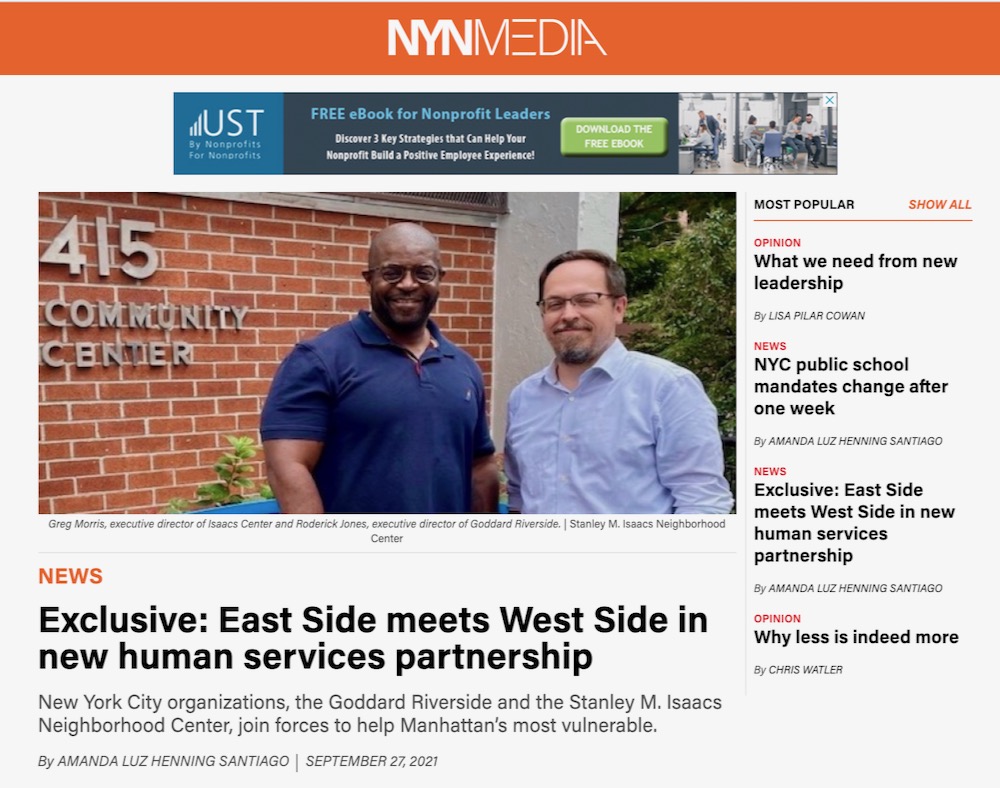 A screenshot of the NY Nonprofit Media homepage featuring a photo of Rod Jones and Greg Morris and the headline Exclusive: East Side meets West Side in new human services partnership