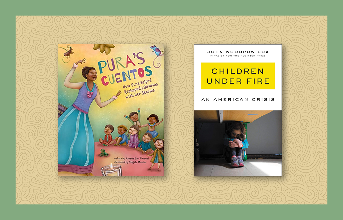 The covers of Pura's Cuentos and Children Under Fire displayed side by side on a tan background with a light green border
