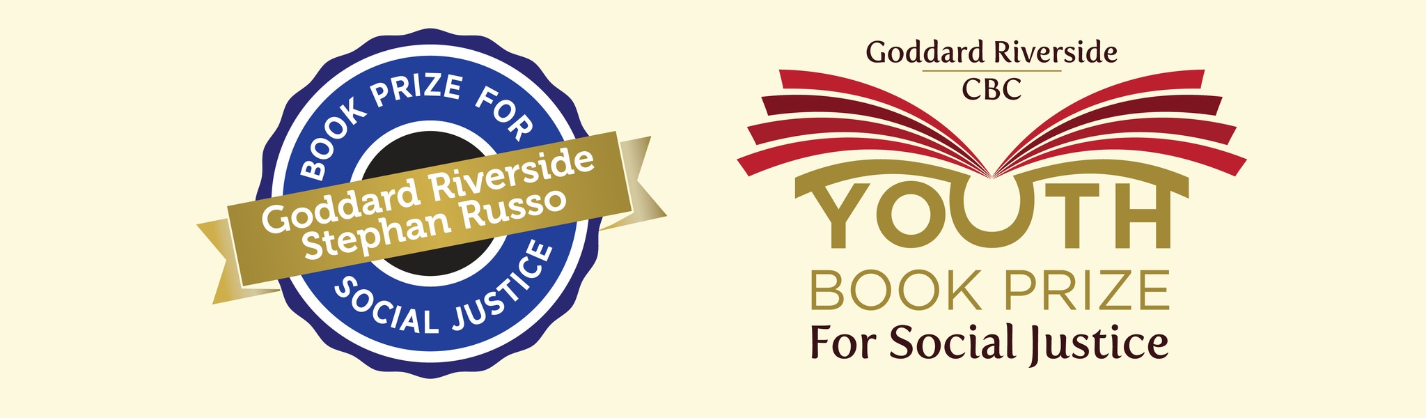 Book prize for Goddard Riverside Stephan Russo Social Justice Logo and Goddard Riverside CBC Youth Book Prize for Social Justice logo