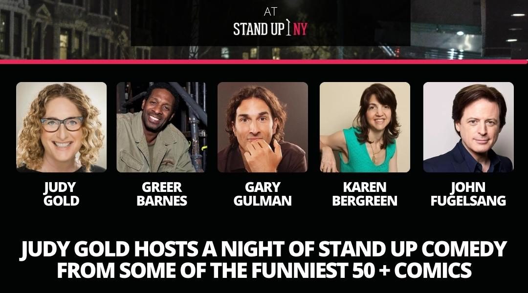 poster for stand up comedy show, pictures of the people preforming 3 men and 2 women.