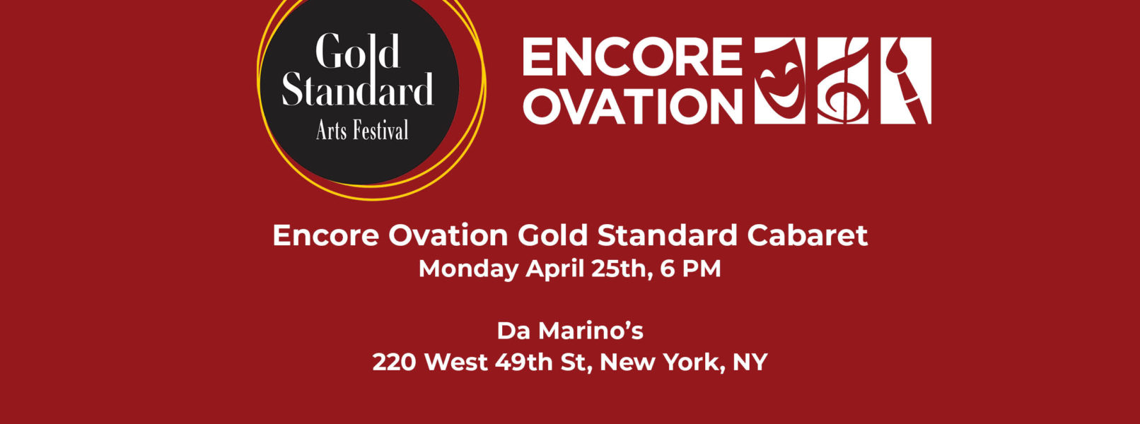 red background with black circle with words saying Gold Standard Arts Festival, encore ovation gold standard cabaret.