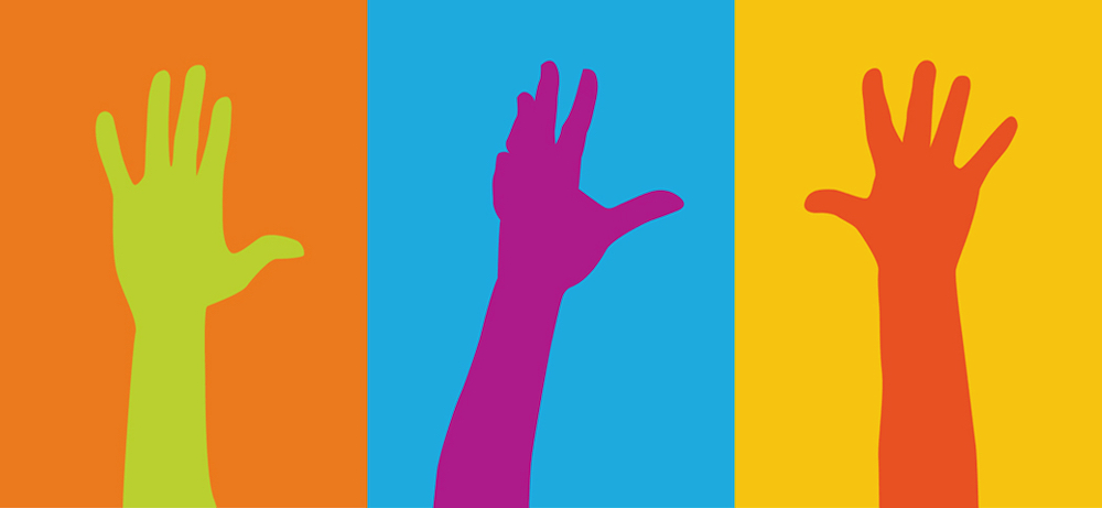 A colorful graphic of a green hand, a purple hand and an orange hand reaching up, silhouetted against contrasting panels of orange, blue and yellow