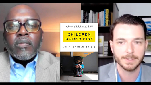 An screenshot of two men on a Zoom call with an image of the book Children Under Fire superimposed between them