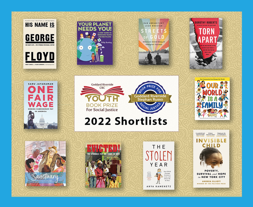 A collage of books shortlisted for the Goddard Riverside book prizes