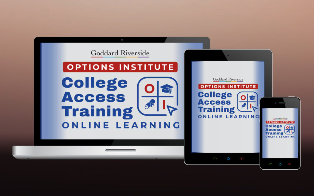 Image of Laptop, ipad and smartphone with college access training logo on them. The logo has a diploma, graduation cap, and arrow head from a mouse, and the letters O and I are in red.