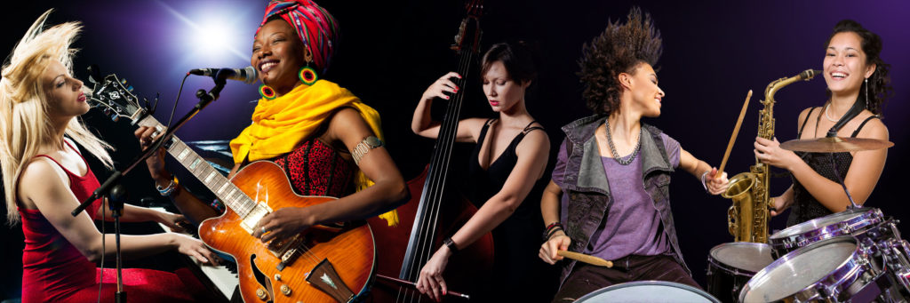 Picture of 5 women playing different instruments 