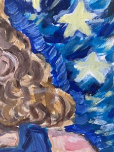 A painting of a person with curly hair, with only part of the person's left side in the frame, and a starry night sky