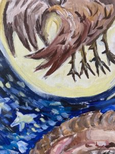 A painting of the night sky with stars and a full moon, with a bird covering the moon as it flies by