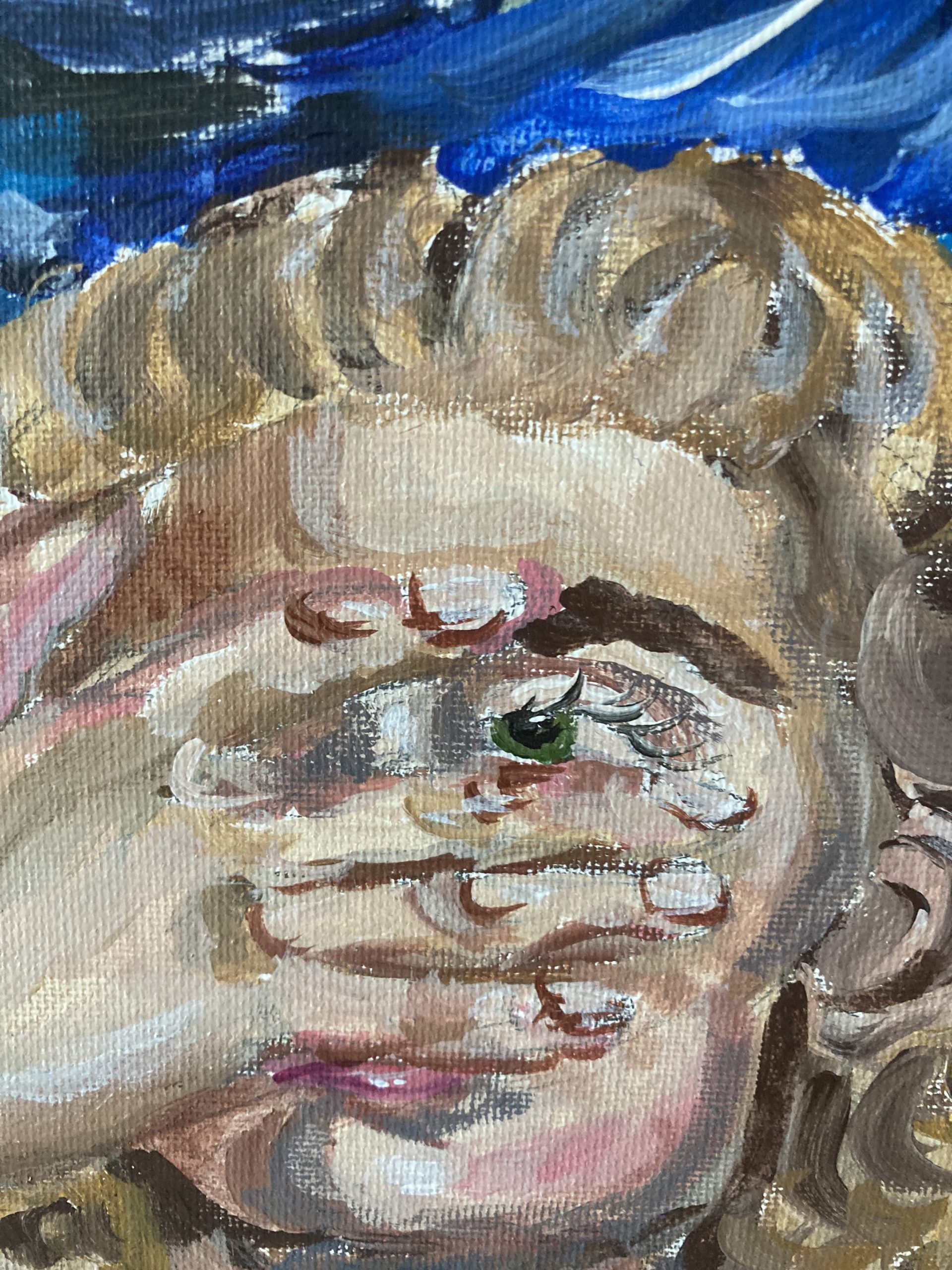 A painting of a person with green eyes, with the hand of the person over their right eye, and a space between the index and middle finger that allows you see the left eye