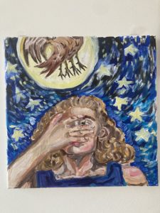 A painting of a person with green eyes and curly hair, with the hand of the person over their right eye, and a space between the index and middle finger that allows you see the left eye with a starry night sky and a full moon, with a bird covering the moon as it flies by