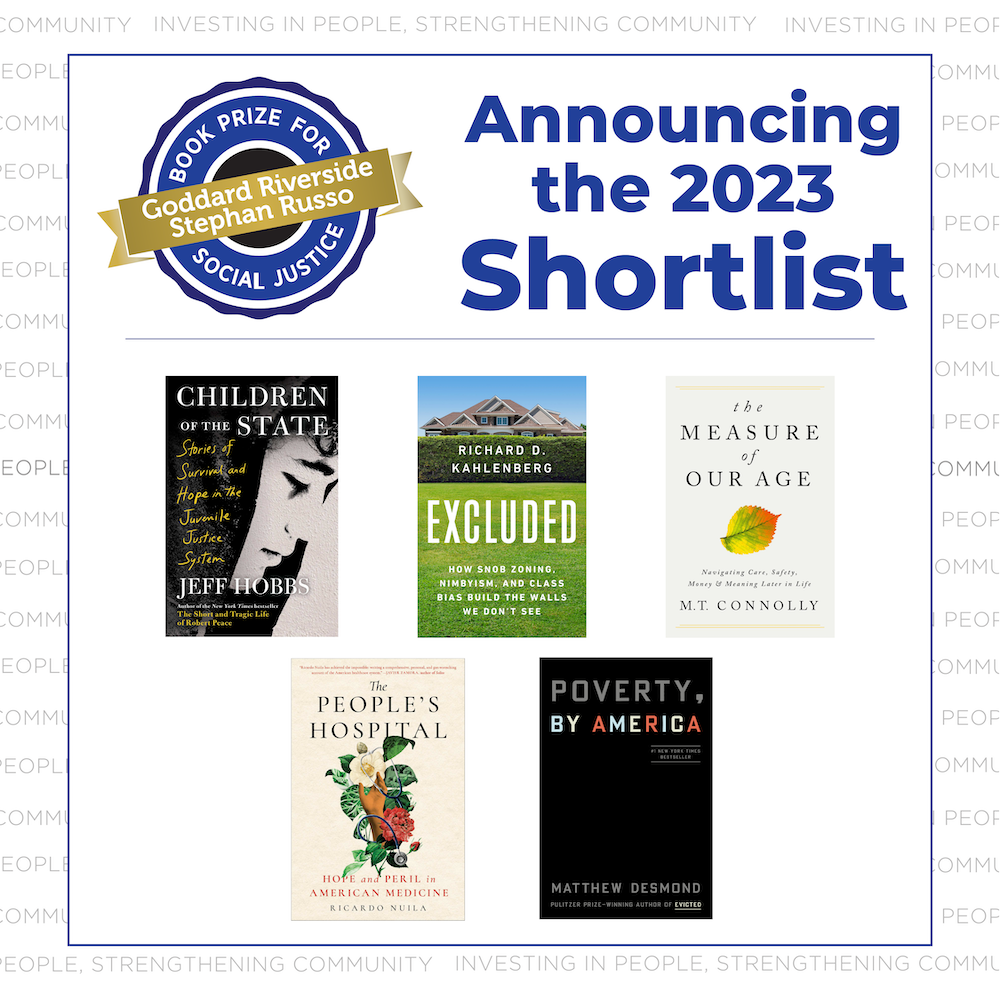 A graphic featuring the covers of the Goddard Riverside Stephan Russo Book Prize for Social Justice shortlist 