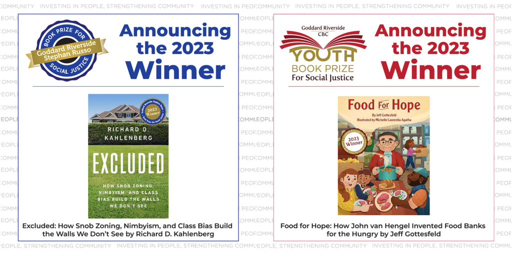 Covers of Excluded and Food for Hope with logos of the social justice book prizes