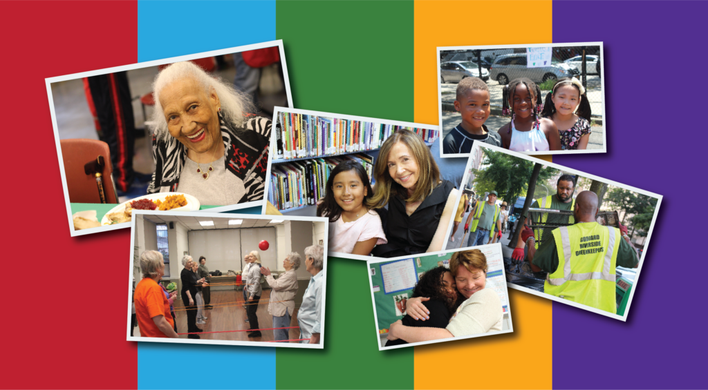 A collage of pictures. A older woman sitting down at a table with food at Holiday Meals event, a group of older adults exercising together, a tutor and student sitting in front of a book case, two woman hugging, three children smiling at a park and two Goddard Green Keepers working.