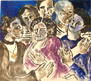 A painting of a group of people express mourning.