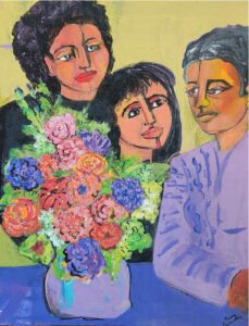 A painting of three people with flowers in a vase.