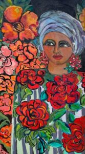 A painting of a woman surrounded by flower