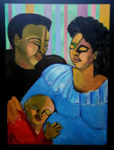 A painting of a family. A little boy lays his head on his mother pregnant belly to listen for the baby.
