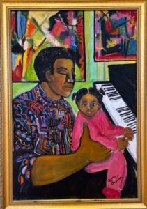 A painting of a person holding a child in front of a piano. 