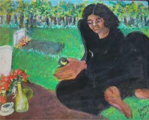 A painting of a person sitting by a grave.