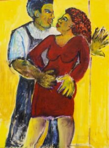 A painting of a man holding a woman.