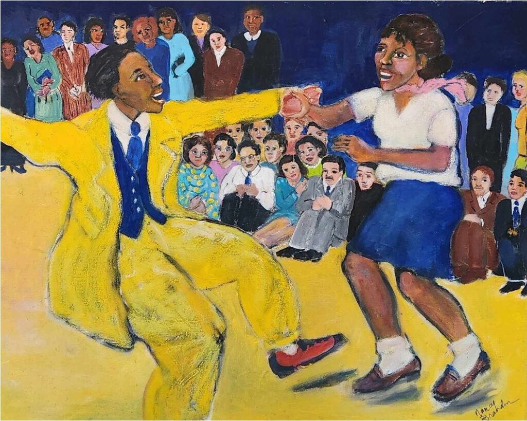 A painting of two people dancing.