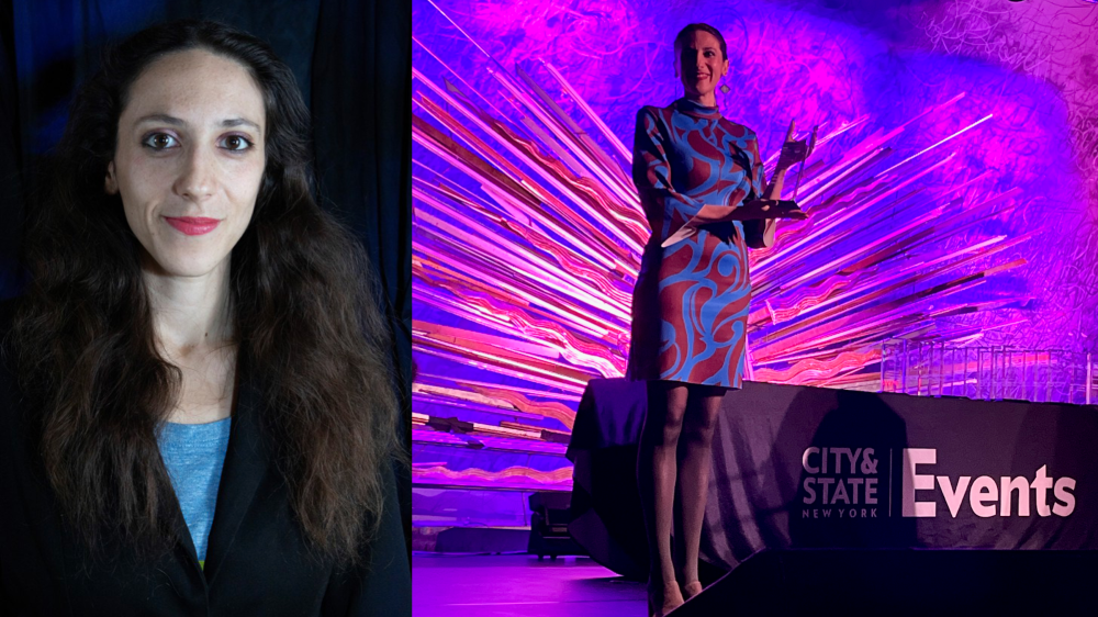 A headshot of a woman alongside a photo of her receiving an award on a stage with a bright purple background
