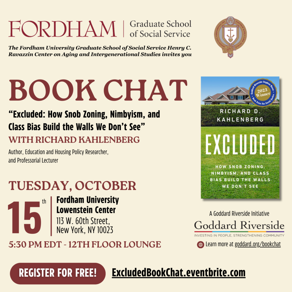 Flyer for Book Chat at Fordham University for the Adult prize winner Richard Kahlenberg. 