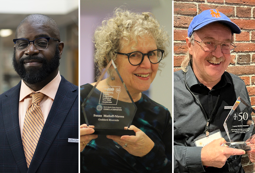 A triptych of three people, two of whom are holding awards