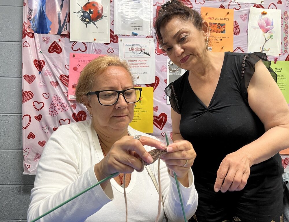 Two women participate in a knitting activity. One knits with green needles while the other observes and offers guidance.