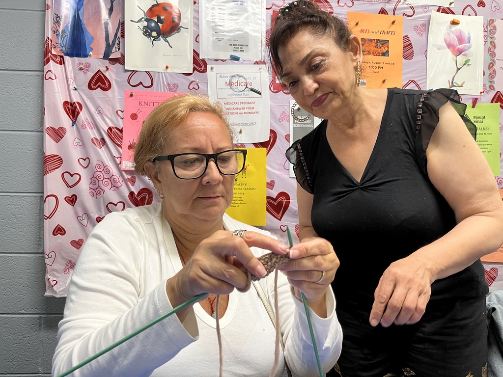 Two women participate in a knitting activity. One knits with green needles while the other observes and offers guidance.