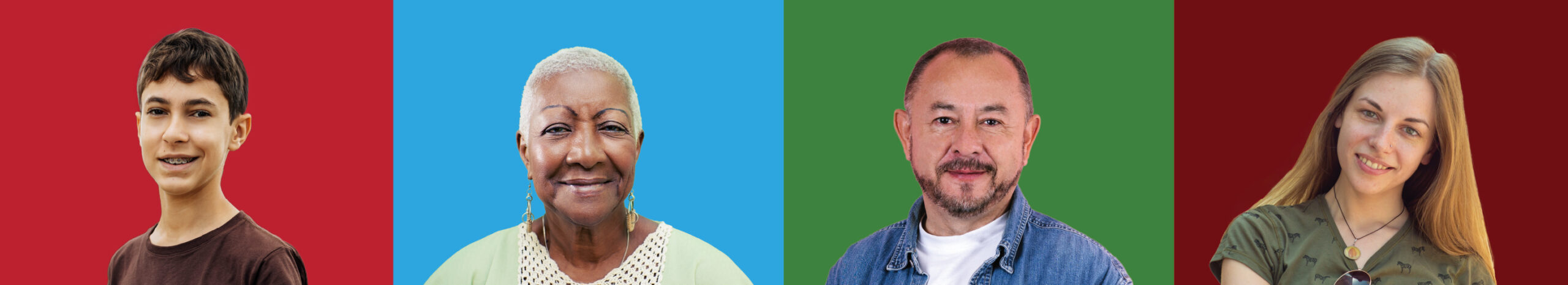 A photo strip of a young man, older woman, adult man and young woman.