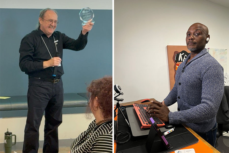 Side-by-side photos of a man accepting a small lucite trophy and a man standing at a desk