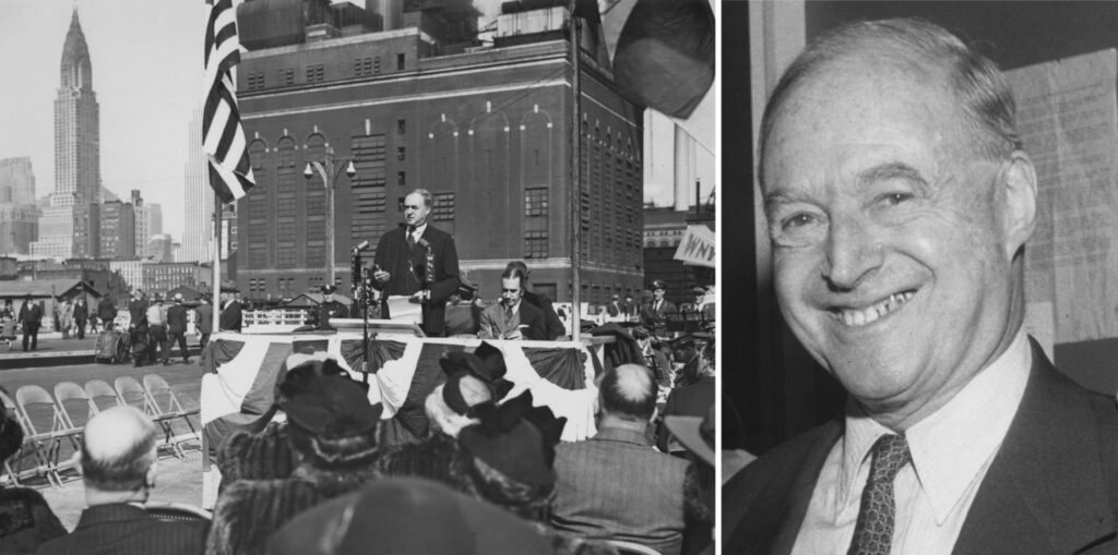 Stanley M. Isaacs speaking to a crowd of people and a headshot of him, side by side. 