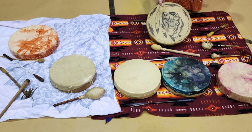 Ceremonial Native Canadian drums on a blanket